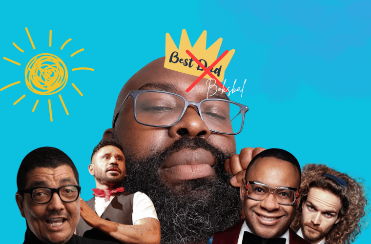 Vijf comedians op het podium voor Papa Zonder Handleiding XL, een cabaretavond over vaderschap in Schouwburg Concertzaal Tilburg.